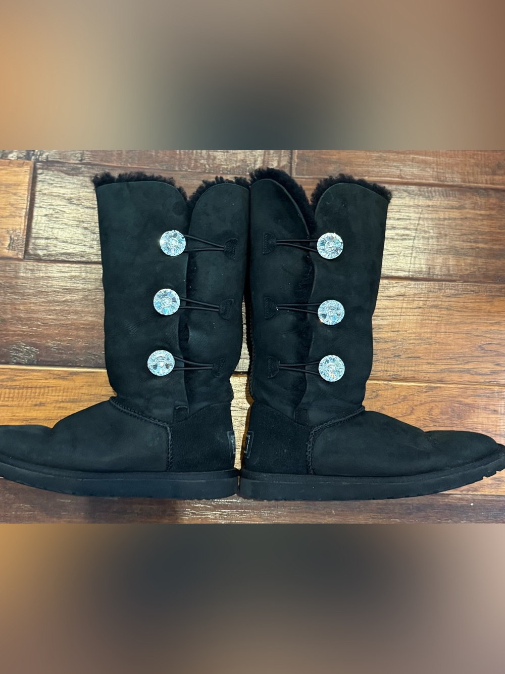 UGG Bailey Button Triplet Bling – Black Suede Boots, Size 9